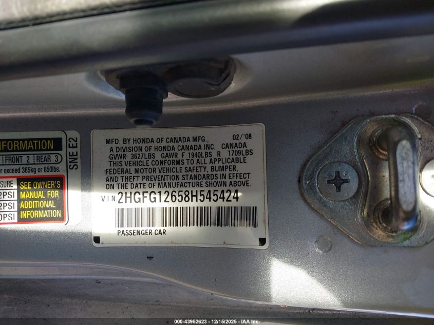 2008 Honda Civic Lx VIN: 2HGFG12658H545424 Lot: 43952623