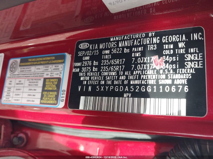 2016 Kia Sorento 3.3L Lx VIN: 5XYPGDA52GG110676 Lot: 43952624