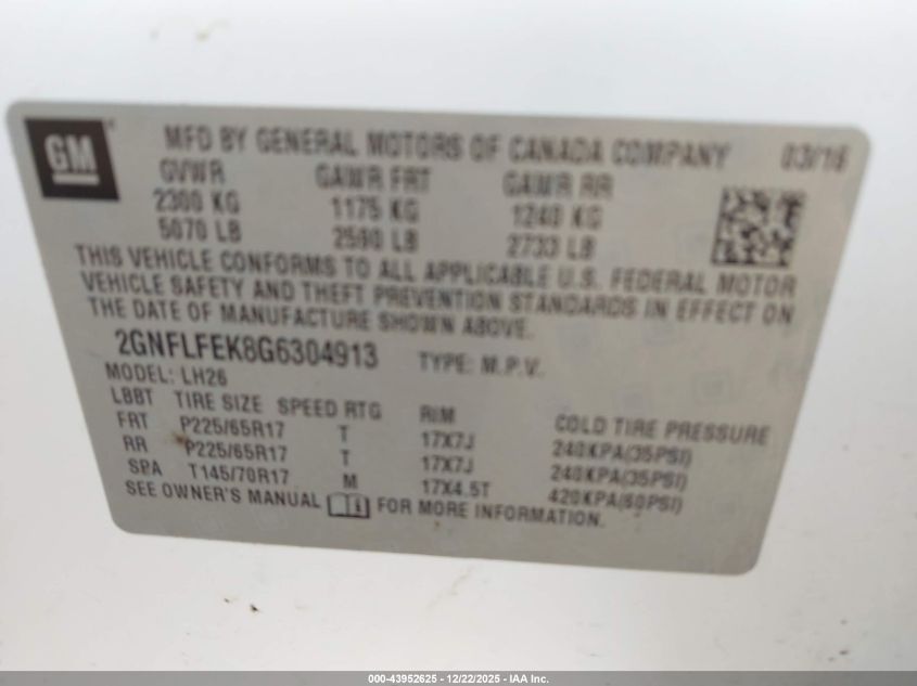 2016 Chevrolet Equinox Lt VIN: 2GNFLFEK8G6304913 Lot: 43952625