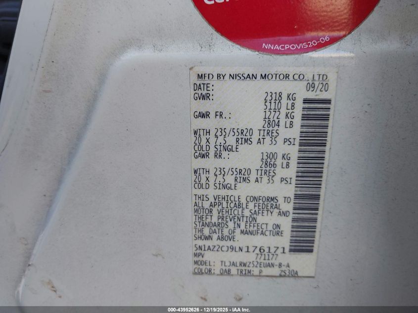 2020 Nissan Murano Sl Fwd VIN: 5N1AZ2CJ9LN176171 Lot: 43952626