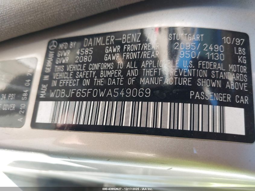 1998 Mercedes-Benz E 320 VIN: WDBJF65F0WA549069 Lot: 43952627