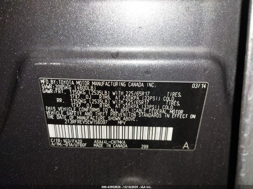 2014 Toyota Rav4 Xle VIN: 2T3RFREV5EW156097 Lot: 43952628