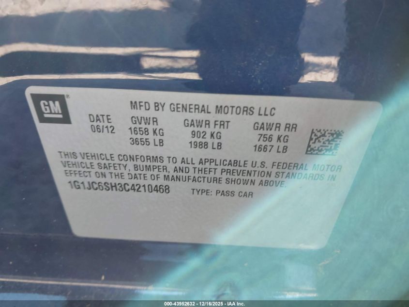 2012 Chevrolet Sonic 2Lt VIN: 1G1JC6SH3C4210468 Lot: 43952632