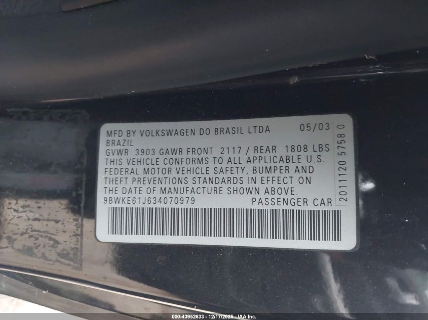 2003 Volkswagen Gti 20Th Anniversary Edition VIN: 9BWKE61J634070979 Lot: 43952633