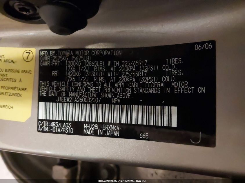 2006 Toyota Highlander Hybrid Limited V6 VIN: JTEEW21A260032007 Lot: 43952635