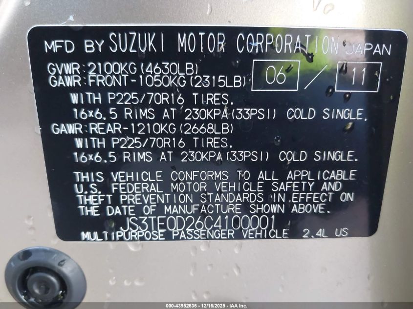 2012 Suzuki Grand Vitara Premium VIN: JS3TE0D26C4100001 Lot: 43952636