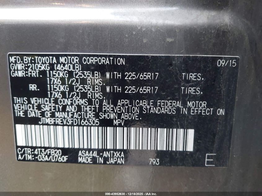 2015 Toyota Rav4 Le VIN: JTMBFREV3FD166305 Lot: 43952638