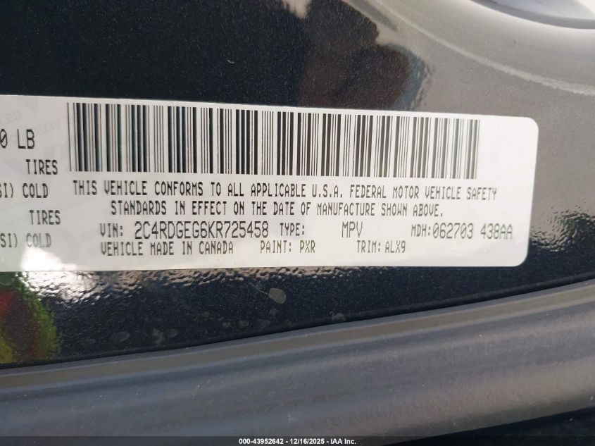 2019 Dodge Grand Caravan Gt VIN: 2C4RDGEG6KR725458 Lot: 43952642