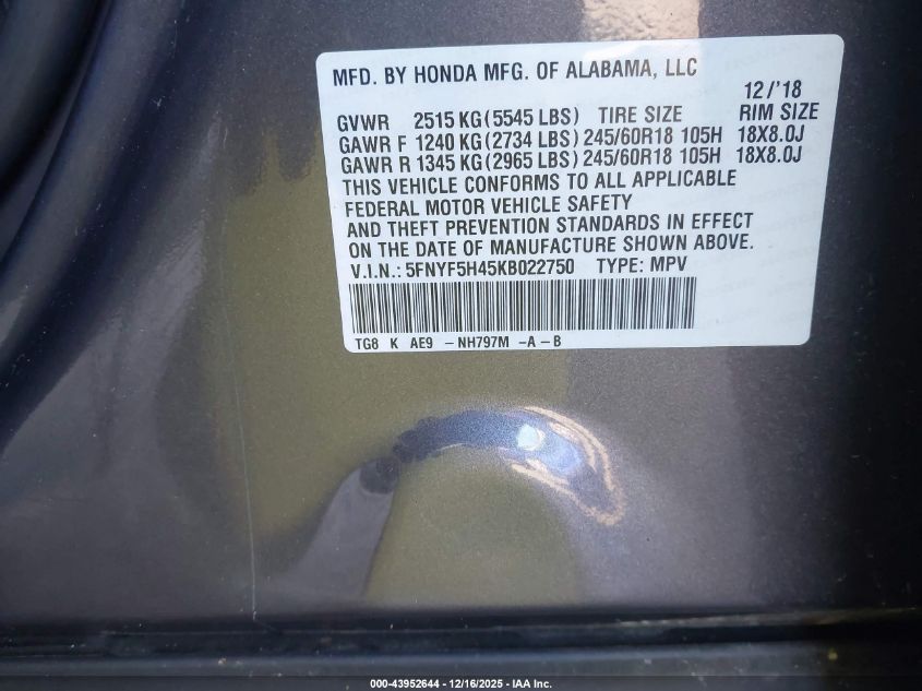 2019 Honda Pilot Ex-L VIN: 5FNYF5H45KB022750 Lot: 43952644