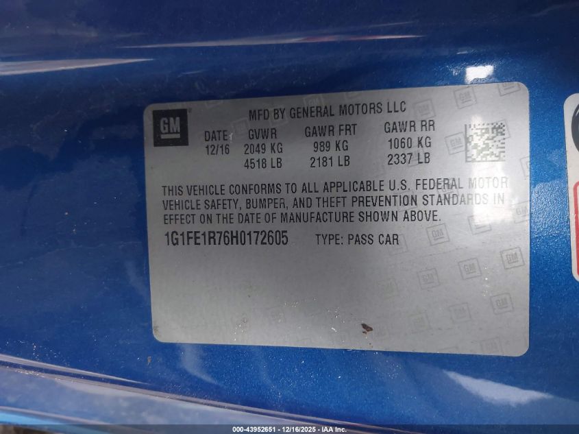 2017 Chevrolet Camaro 1Ss VIN: 1G1FE1R76H0172605 Lot: 43952651