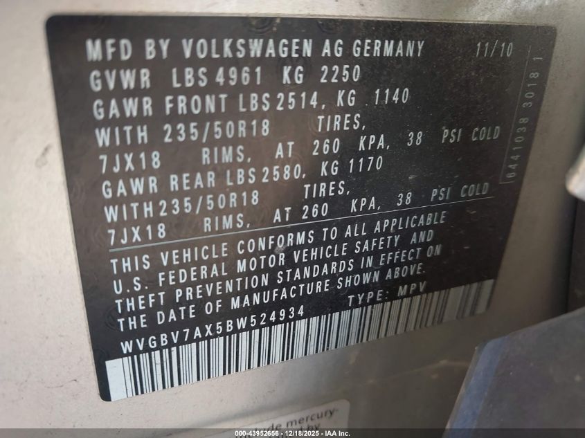 2011 Volkswagen Tiguan Sel VIN: WVGBV7AX5BW524934 Lot: 43952656