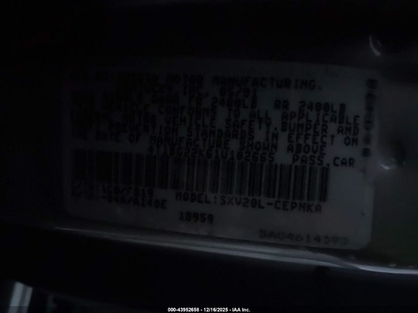 2001 Toyota Camry Le VIN: 4T1BG22K61U102665 Lot: 43952658