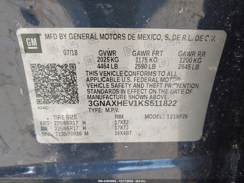 2019 Chevrolet Equinox Ls VIN: 3GNAXHEV1KS511822 Lot: 43952662