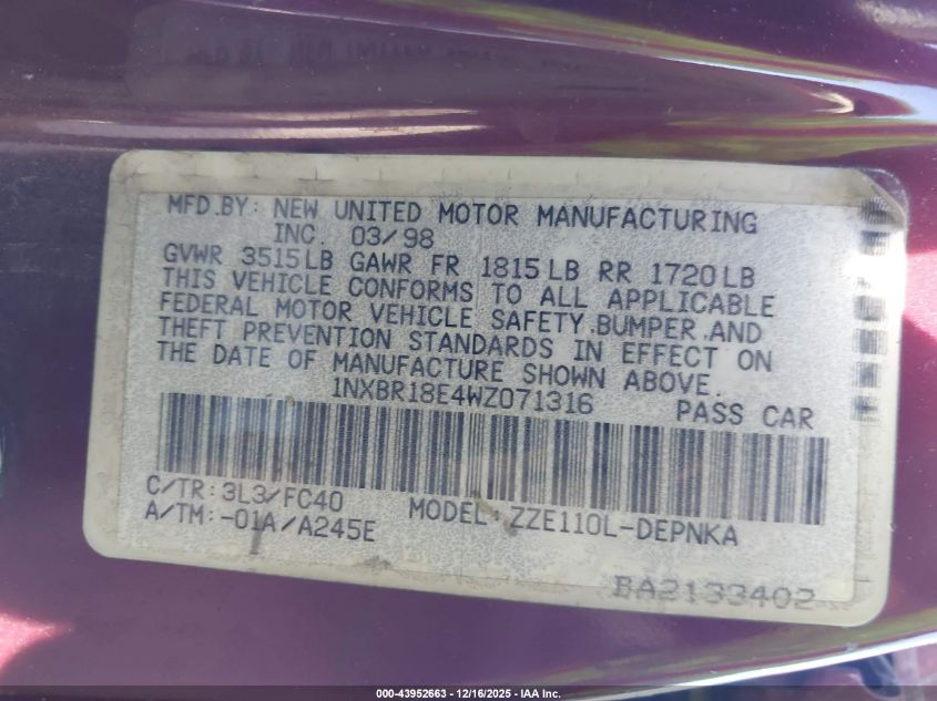 1998 Toyota Corolla Le VIN: 1NXBR18E4WZ071316 Lot: 43952663