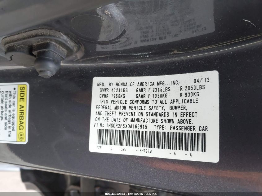 2013 Honda Accord Sport VIN: 1HGCR2F5XDA169915 Lot: 43952664