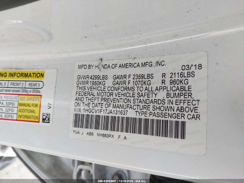 2018 Honda Accord Lx VIN: 1HGCV1F17JA131637 Lot: 43952667