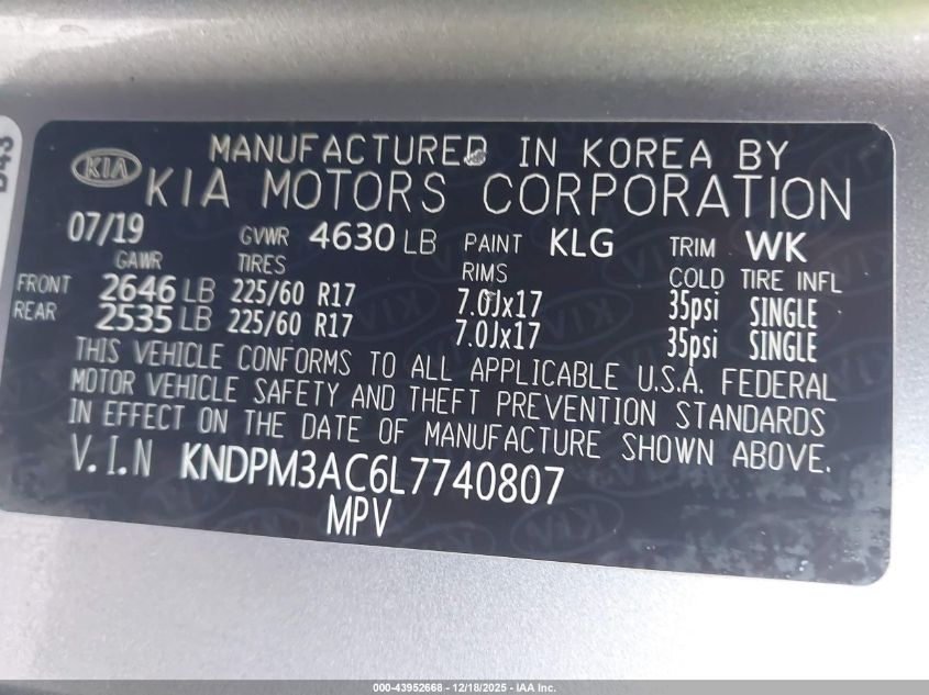 2020 Kia Sportage Lx VIN: KNDPM3AC6L7740807 Lot: 43952668