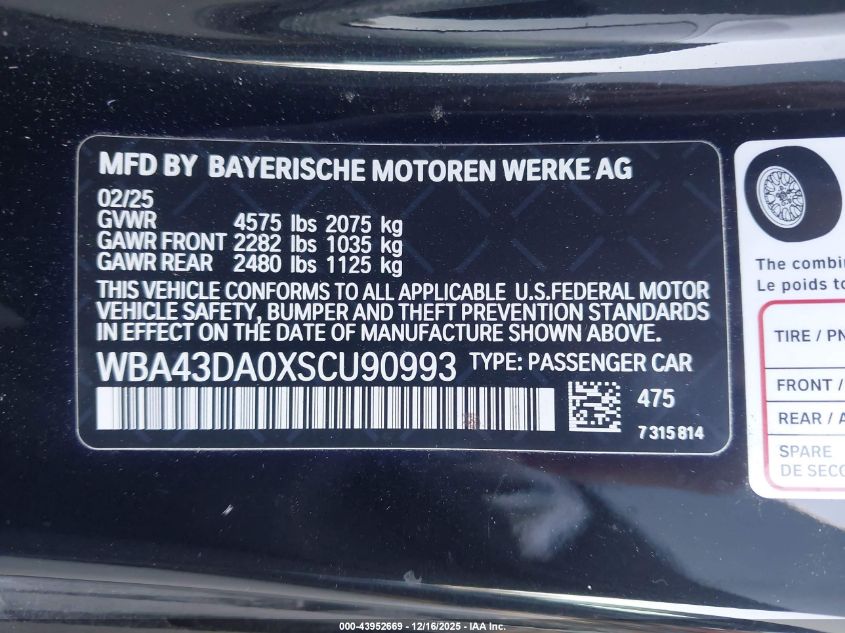 2025 BMW 430I VIN: WBA43DA0XSCU90993 Lot: 43952669