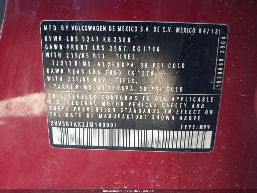 2018 Volkswagen Tiguan 2.0T Se/2.0T Sel VIN: 3VV3B7AX2JM149991 Lot: 43952670