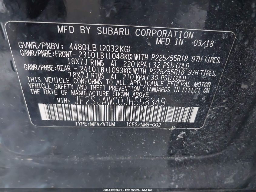 2018 Subaru Forester 2.5I Touring VIN: JF2SJAWC0JH558349 Lot: 43952671