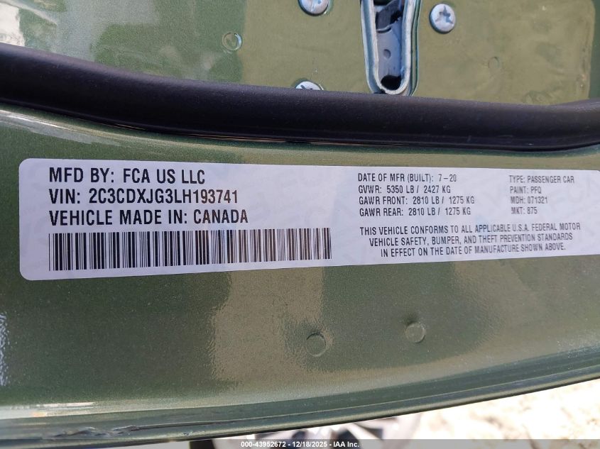 2020 Dodge Charger Sxt Awd VIN: 2C3CDXJG3LH193741 Lot: 43952672