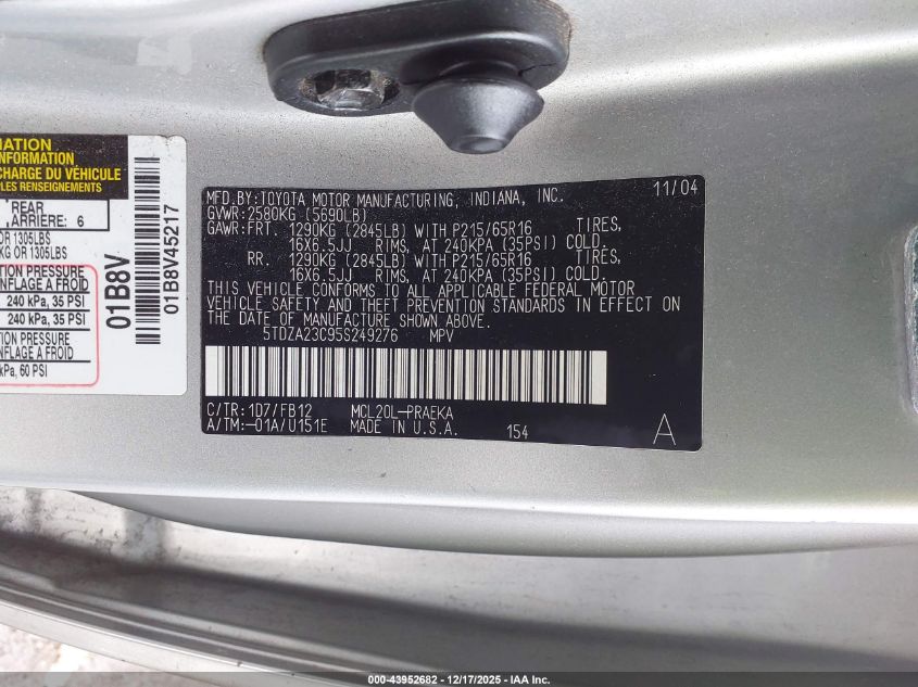 2005 Toyota Sienna Le VIN: 5TDZA23C95S249276 Lot: 43952682