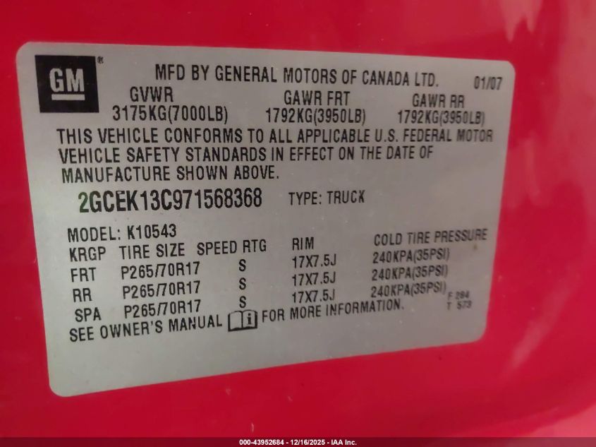 2007 Chevrolet Silverado 1500 Lt1 VIN: 2GCEK13C971568368 Lot: 43952684