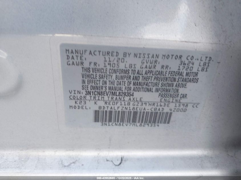 2021 Nissan Versa Sv Xtronic Cvt VIN: 3N1CN8EV7ML829354 Lot: 43952685