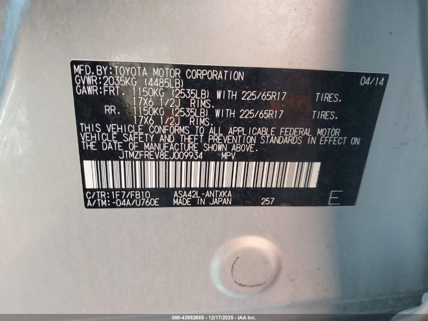 2014 Toyota Rav4 Le VIN: JTMZFREV8EJ009934 Lot: 43952688