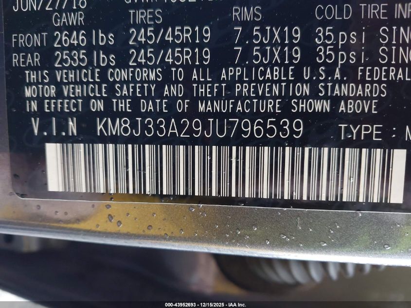 2018 Hyundai Tucson Limited VIN: KM8J33A29JU796539 Lot: 43952693