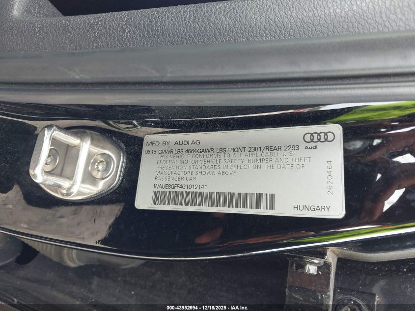 2016 Audi A3 2.0T Premium VIN: WAUE8GFF4G1012141 Lot: 43952694