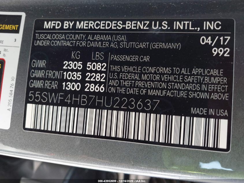 2017 Mercedes-Benz C 350E VIN: 55SWF4HB7HU223637 Lot: 43952699