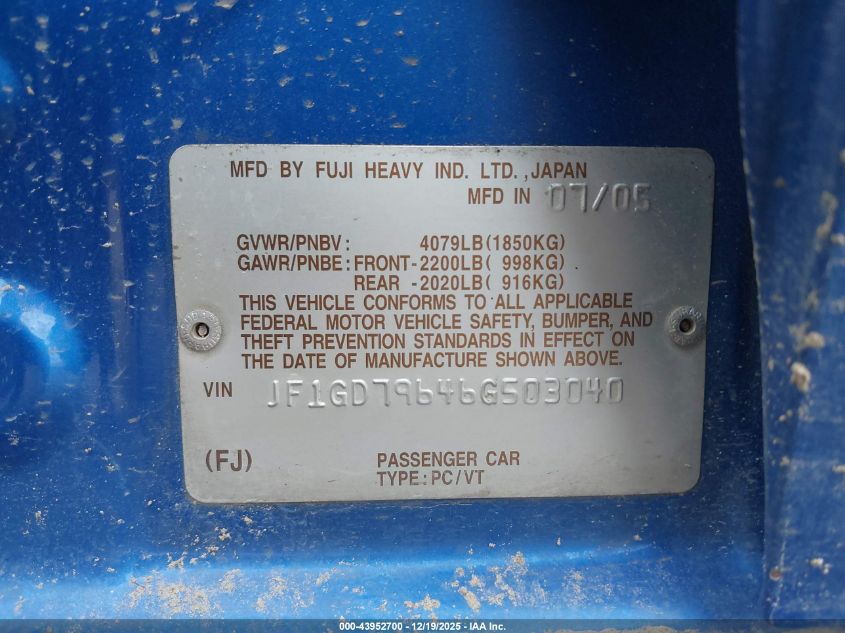 2006 Subaru Impreza Wrx/Wrx Limited/Wrx Tr VIN: JF1GD79646G503040 Lot: 43952700