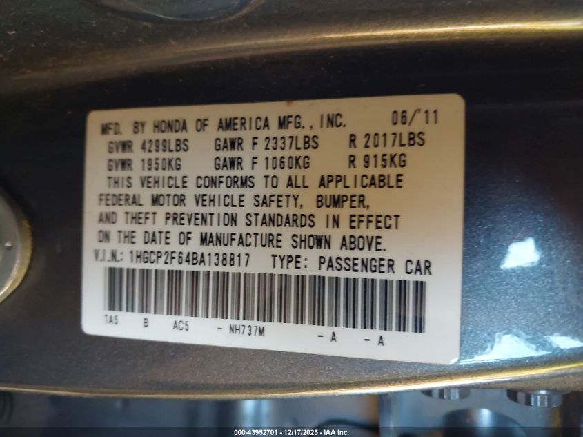 2011 Honda Accord 2.4 Se VIN: 1HGCP2F64BA138817 Lot: 43952701