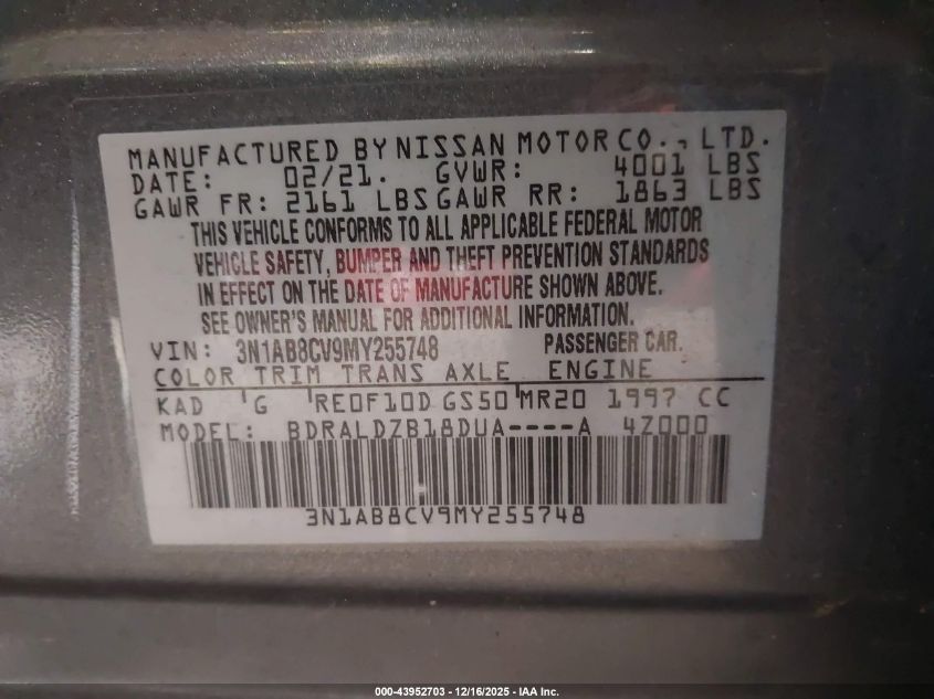 2021 Nissan Sentra Sv Xtronic Cvt VIN: 3N1AB8CV9MY255748 Lot: 43952703