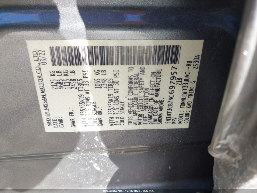 2022 Nissan Rogue Sl Intelligent Awd VIN: 5N1BT3CB7NC697957 Lot: 43952704