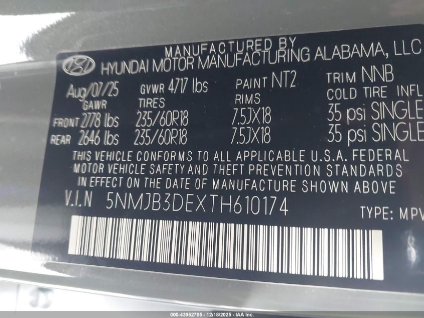 2026 Hyundai Tucson Sel VIN: 5NMJB3DEXTH610174 Lot: 43952705