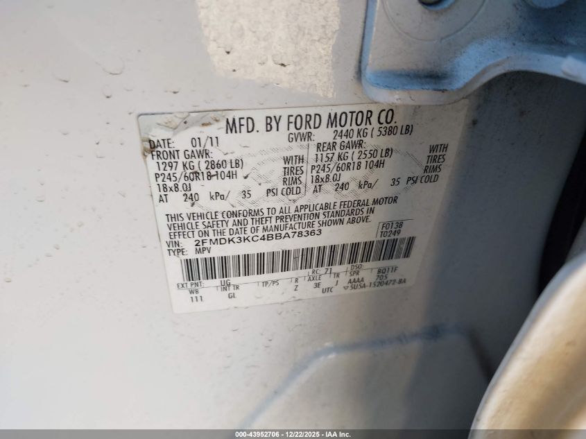 2011 Ford Edge Limited VIN: 2FMDK3KC4BBA78363 Lot: 43952706