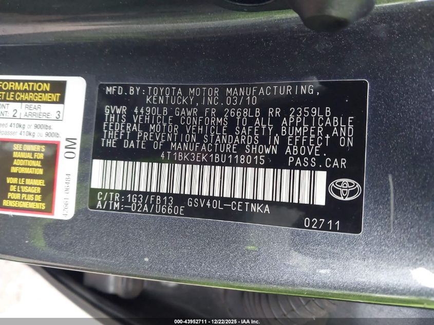 2011 Toyota Camry Le V6 VIN: 4T1BK3EK1BU118015 Lot: 43952711