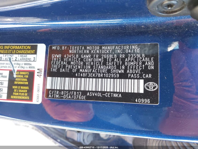 2011 Toyota Camry Le VIN: 4T4BF3EK7BR102959 Lot: 43952710