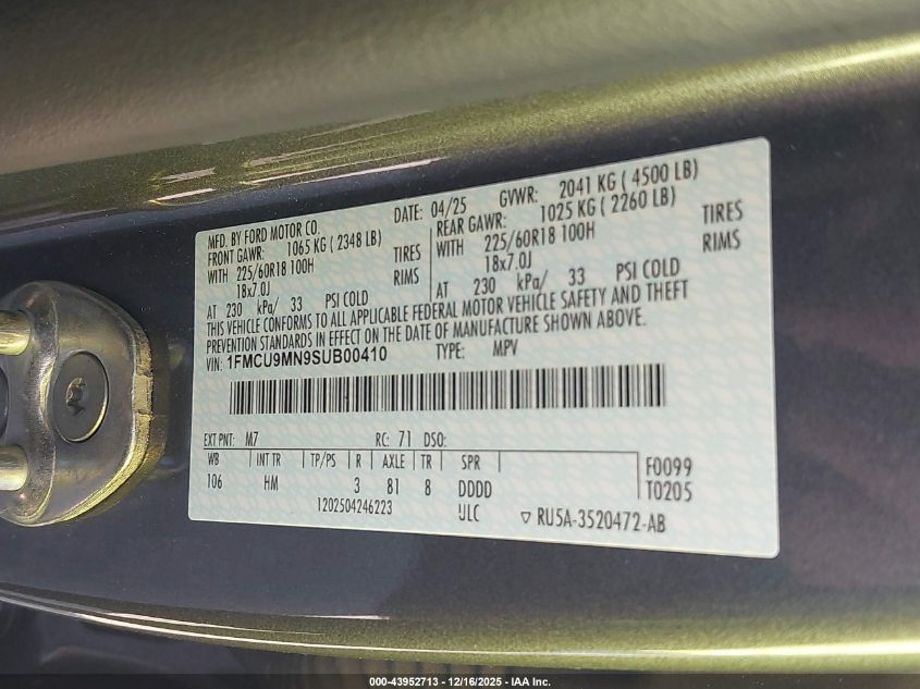 2025 Ford Escape St-Line VIN: 1FMCU9MN9SUB00410 Lot: 43952713