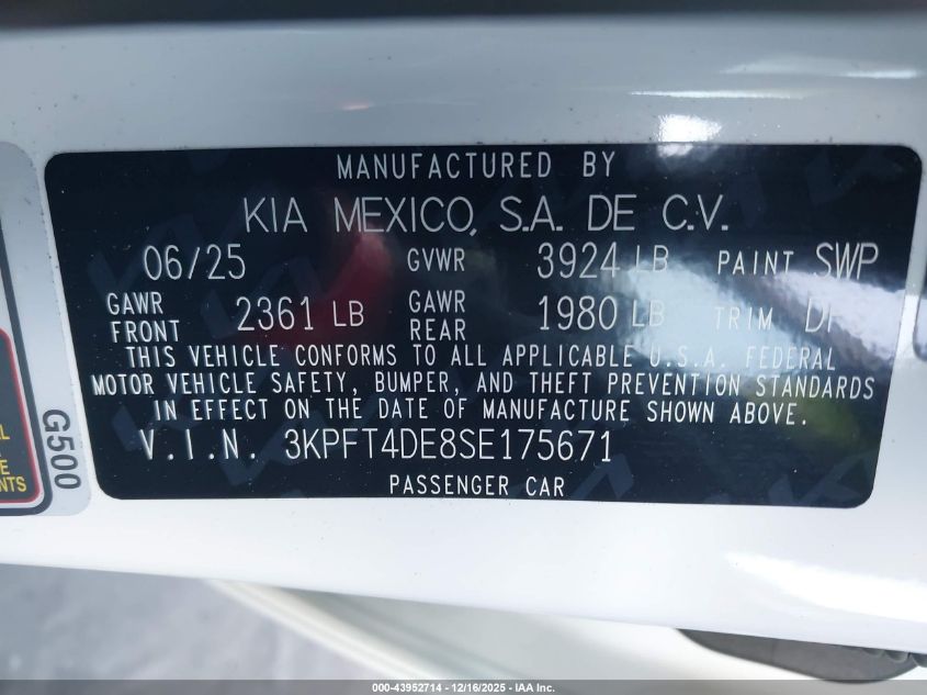 2025 Kia K4 Lxs VIN: 3KPFT4DE8SE175671 Lot: 43952714