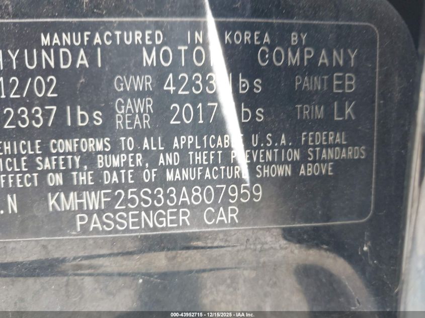 2003 Hyundai Sonata VIN: KMHWF25S33A807959 Lot: 43952715