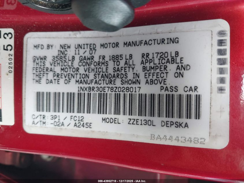 2008 Toyota Corolla S VIN: 1NXBR30E78Z028017 Lot: 43952718