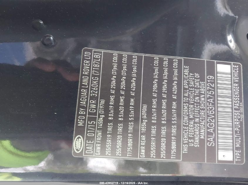 2015 Land Rover Lr4 VIN: SALAG2V63FA757219 Lot: 43952719