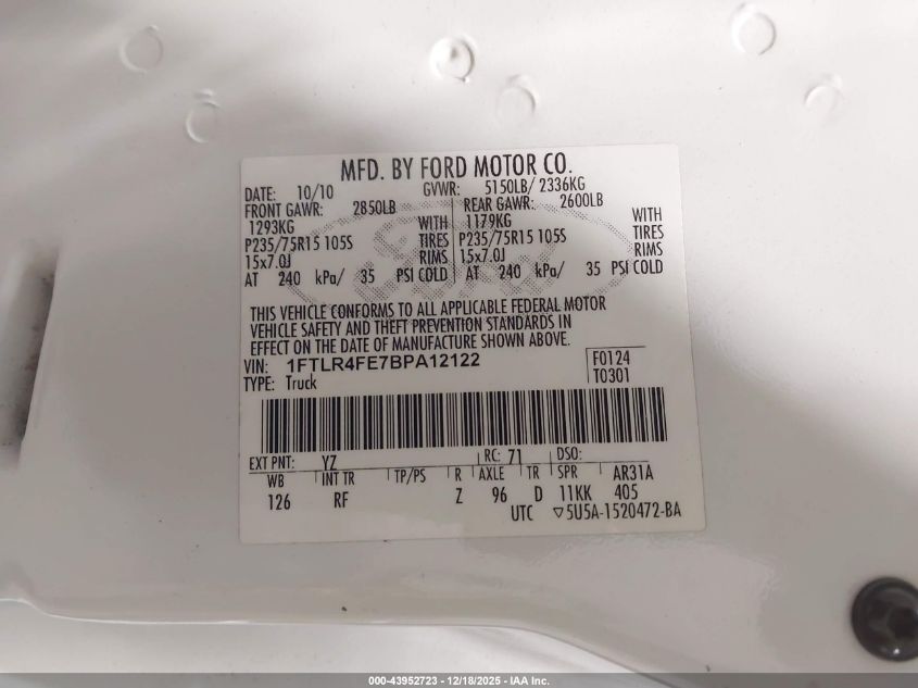 2011 Ford Ranger Xlt VIN: 1FTLR4FE7BPA12122 Lot: 43952723