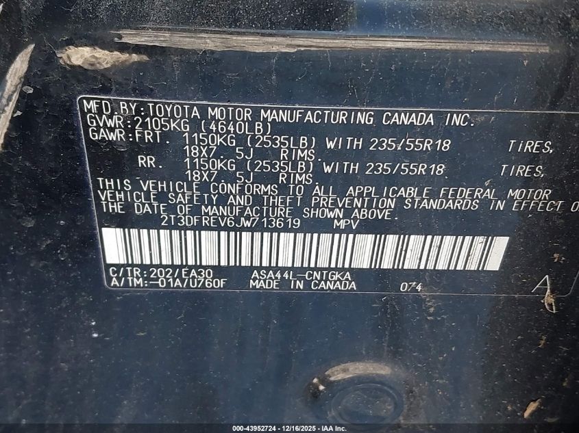 2018 Toyota Rav4 Limited VIN: 2T3DFREV6JW713619 Lot: 43952724