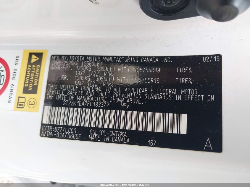 2015 Lexus Rx 350 VIN: 2T2ZK1BA7FC183372 Lot: 43952725