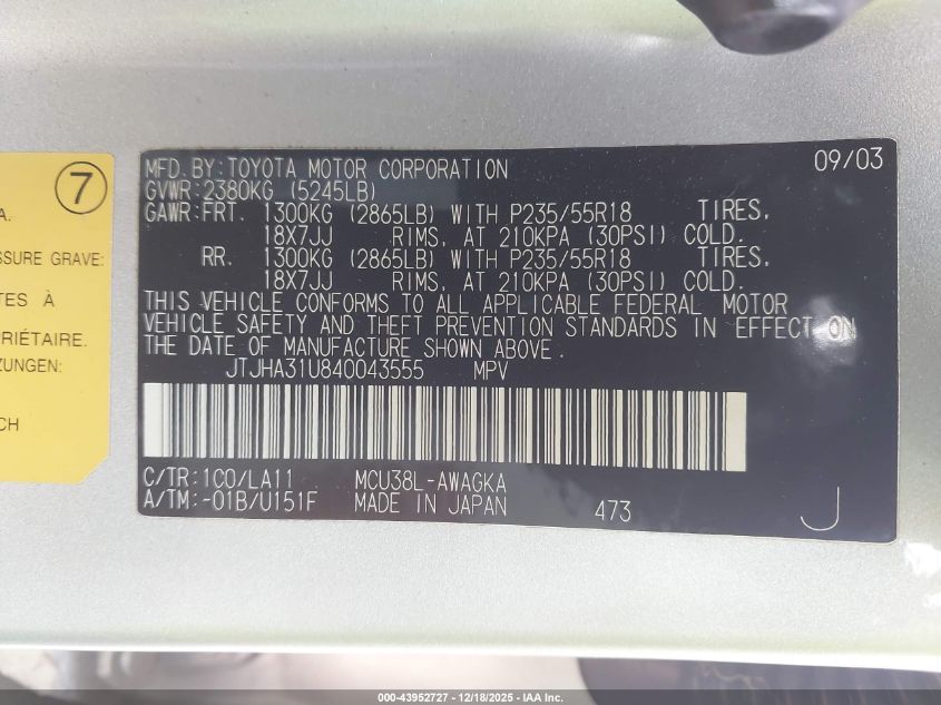 2004 Lexus Rx 330 VIN: JTJHA31U840043555 Lot: 43952727