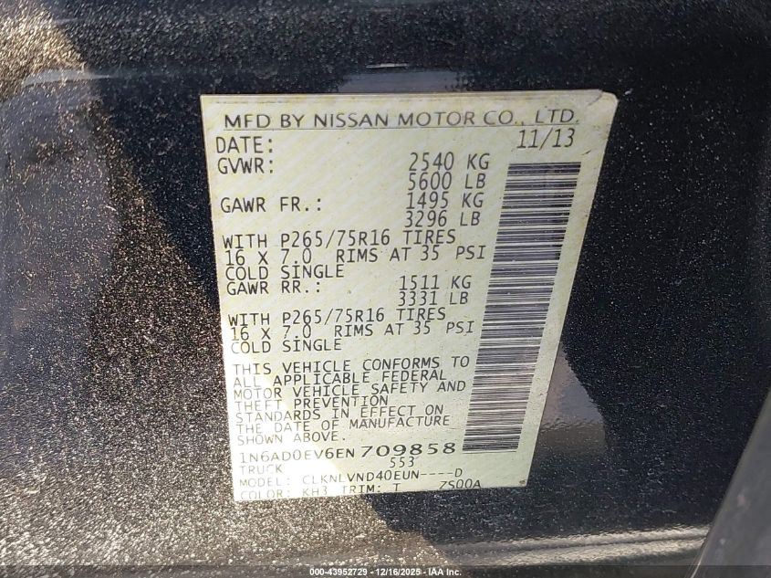 2014 Nissan Frontier Pro-4X VIN: 1N6AD0EV6EN709858 Lot: 43952729